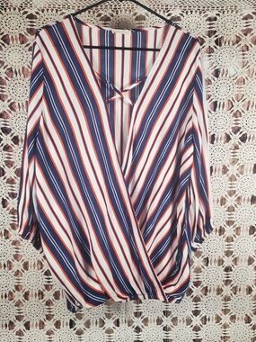 ODDY Navy, White & Red Striped Wrap-Front Blouse
